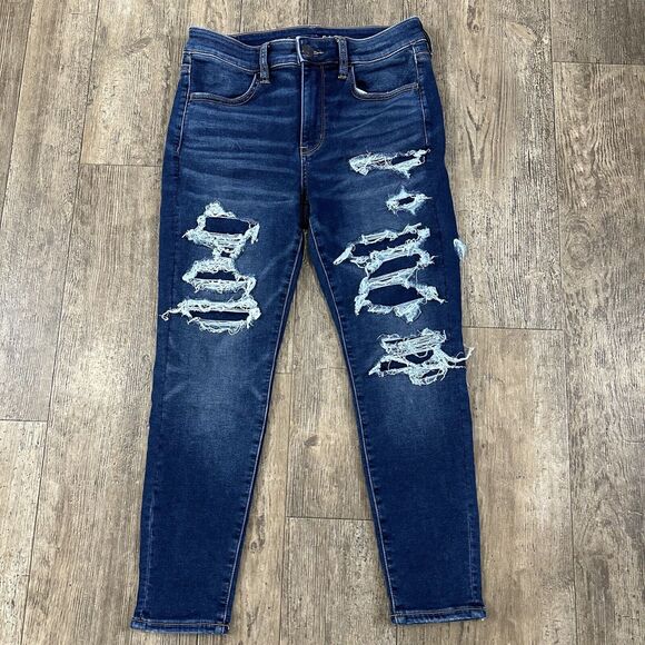 American Eagle HI RISE JEGGING Size 8 X Short Distressed Jeans Denim Pants 28x24 - Picture 1 of 14